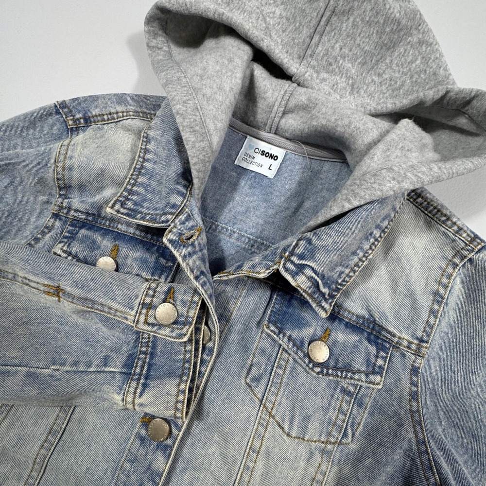 Cisono Denim Collection Hooded‎ Jean Jacket Medium Wash Raw Hem Cropped Large